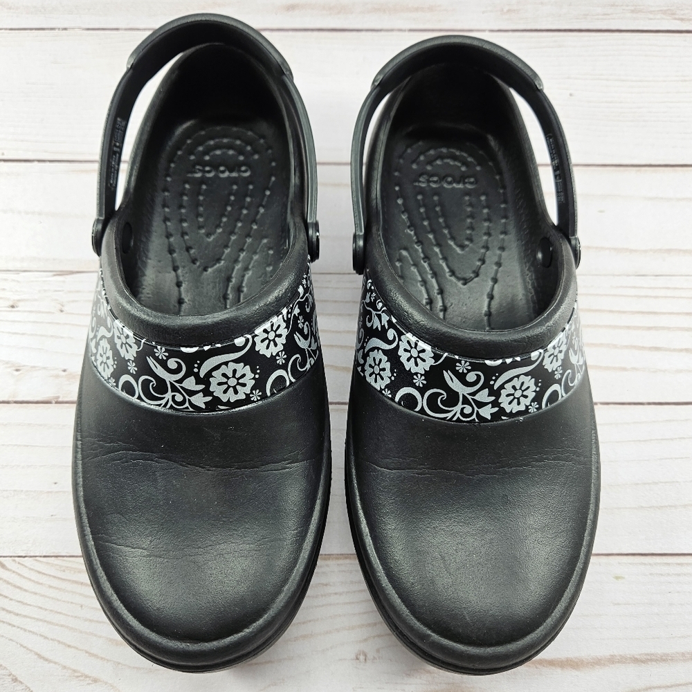 Crocs Mercy‎ Slip Resistant Work Clogs Womens Size 5 Black Silver Floral 10876 - Picture 2 of 12